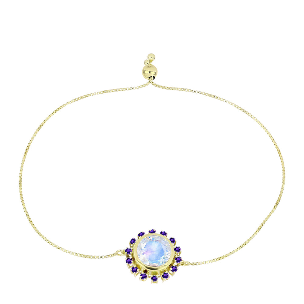 Pulsera de Plata Bañada en Oro con Piedra Lunar Arco Iris y Amatista de Marruecos 1 