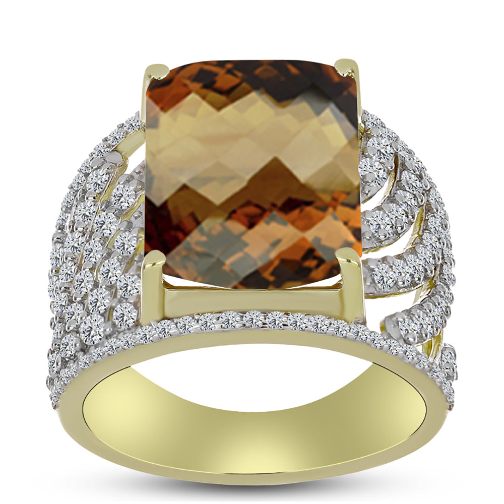Anillo de Plata Bañada en Oro con Cuarzo Coñac y Topacio Blanco 3 