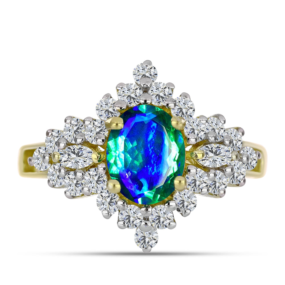 Anillo de Plata Bañada en Oro con Cuarzo Pavo Real y Topacio Blanco