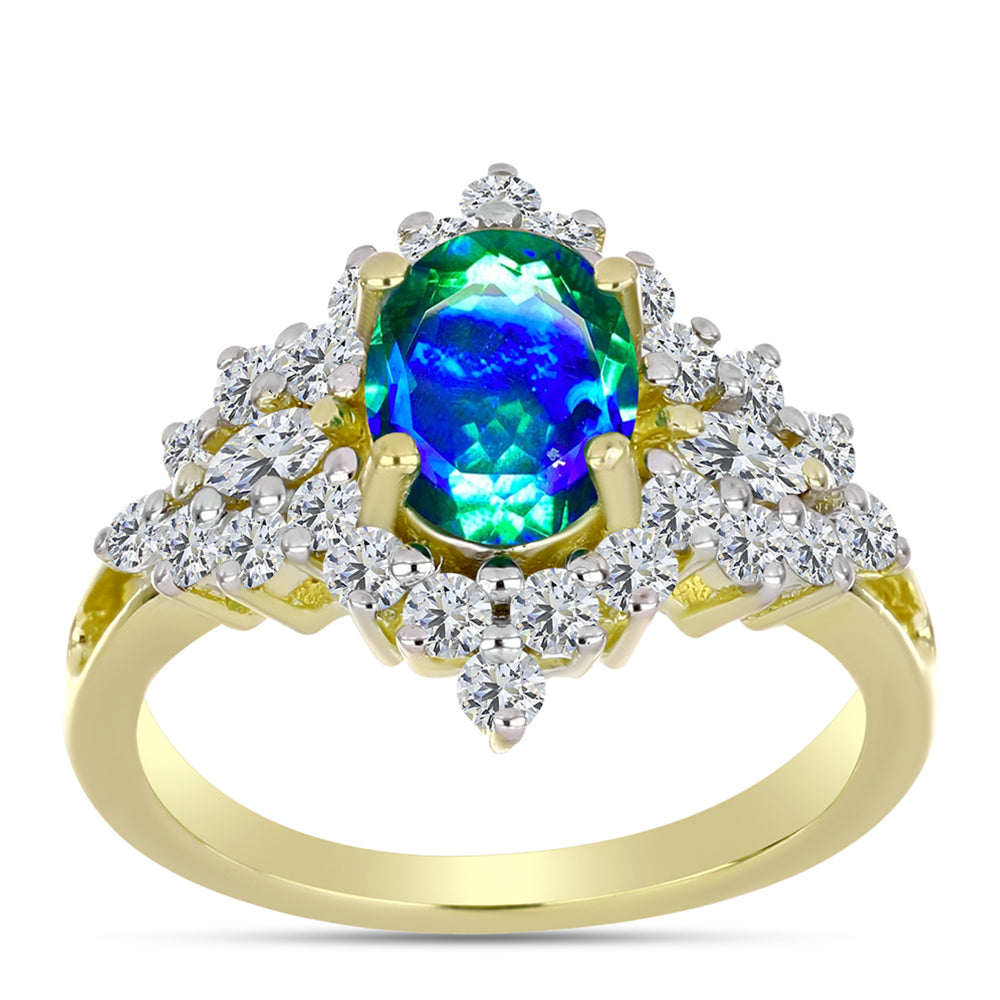Anillo de Plata Bañada en Oro con Cuarzo Pavo Real y Topacio Blanco