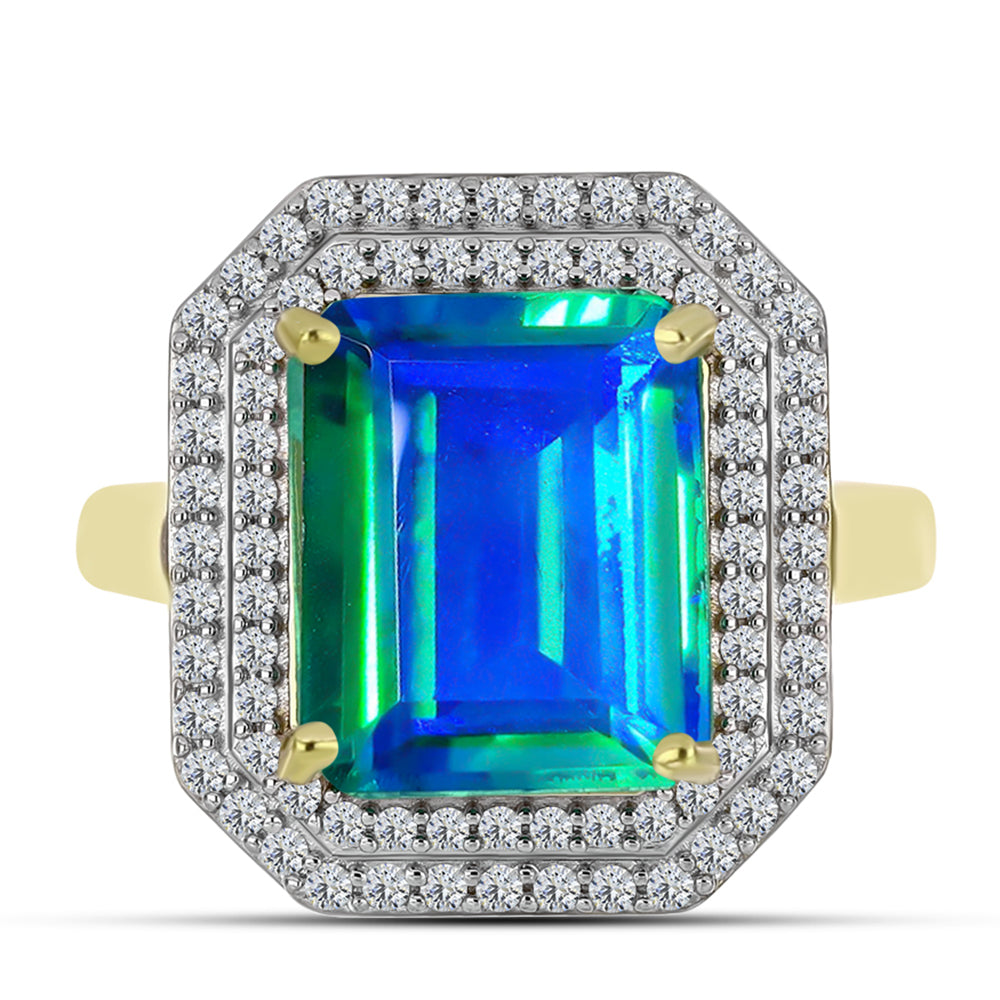Anillo de Plata Bañada en Oro con Cuarzo Pavo Real y Topacio Blanco