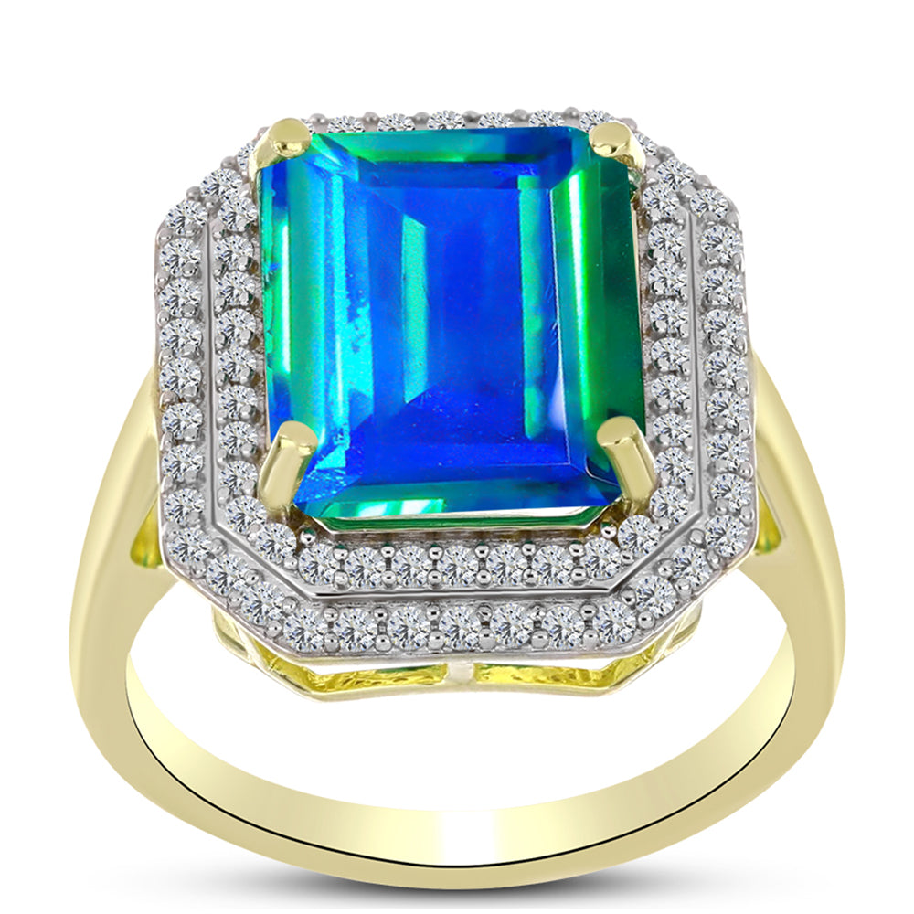 Anillo de Plata Bañada en Oro con Cuarzo Pavo Real y Topacio Blanco