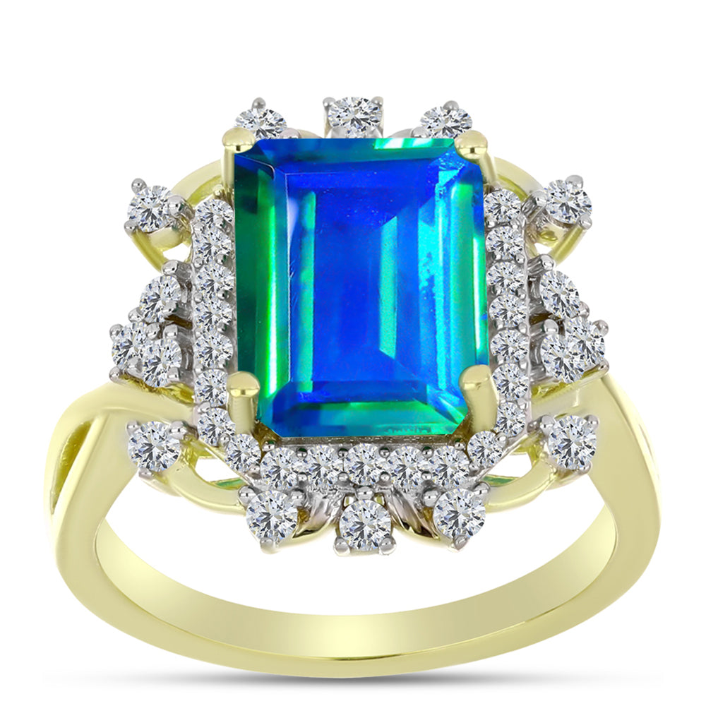 Anillo de Plata Bañada en Oro con Cuarzo Pavo Real y Topacio Blanco 3 