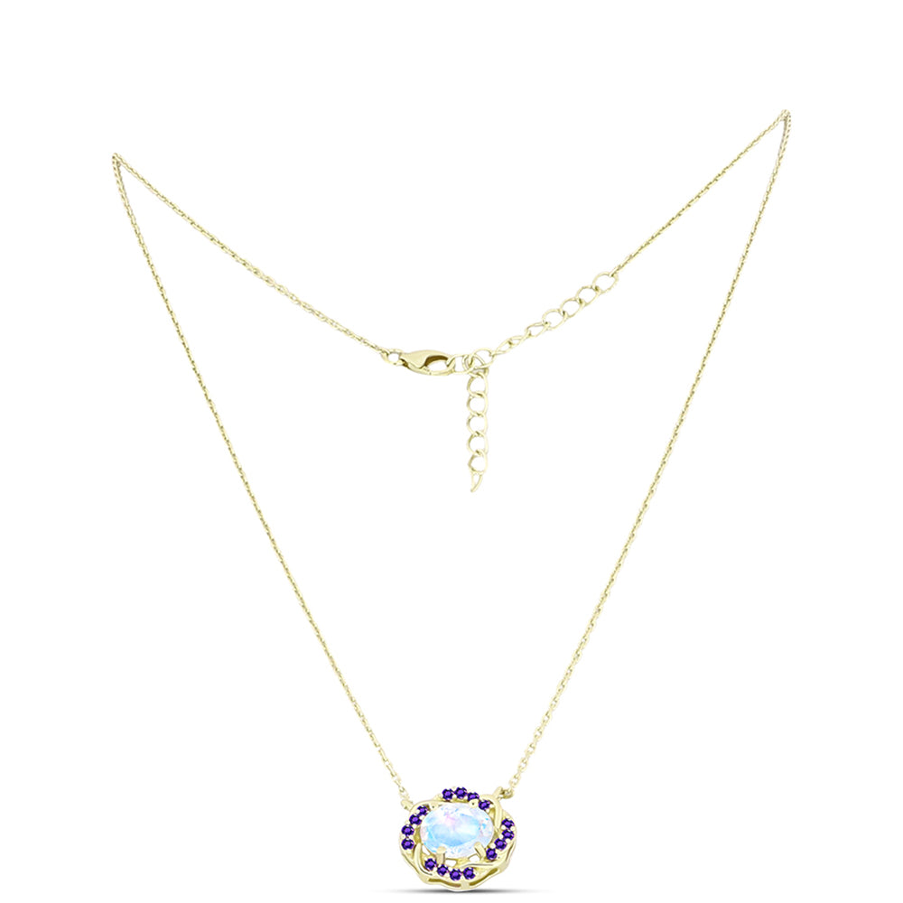 Collar de Plata Bañada en Oro con Piedra Lunar Arco Iris y Amatista de Marruecos 1 