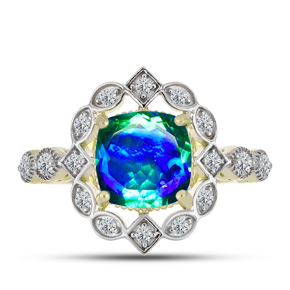 Anillo de Plata Bañada en Oro con Cuarzo Pavo Real y Topacio Blanco