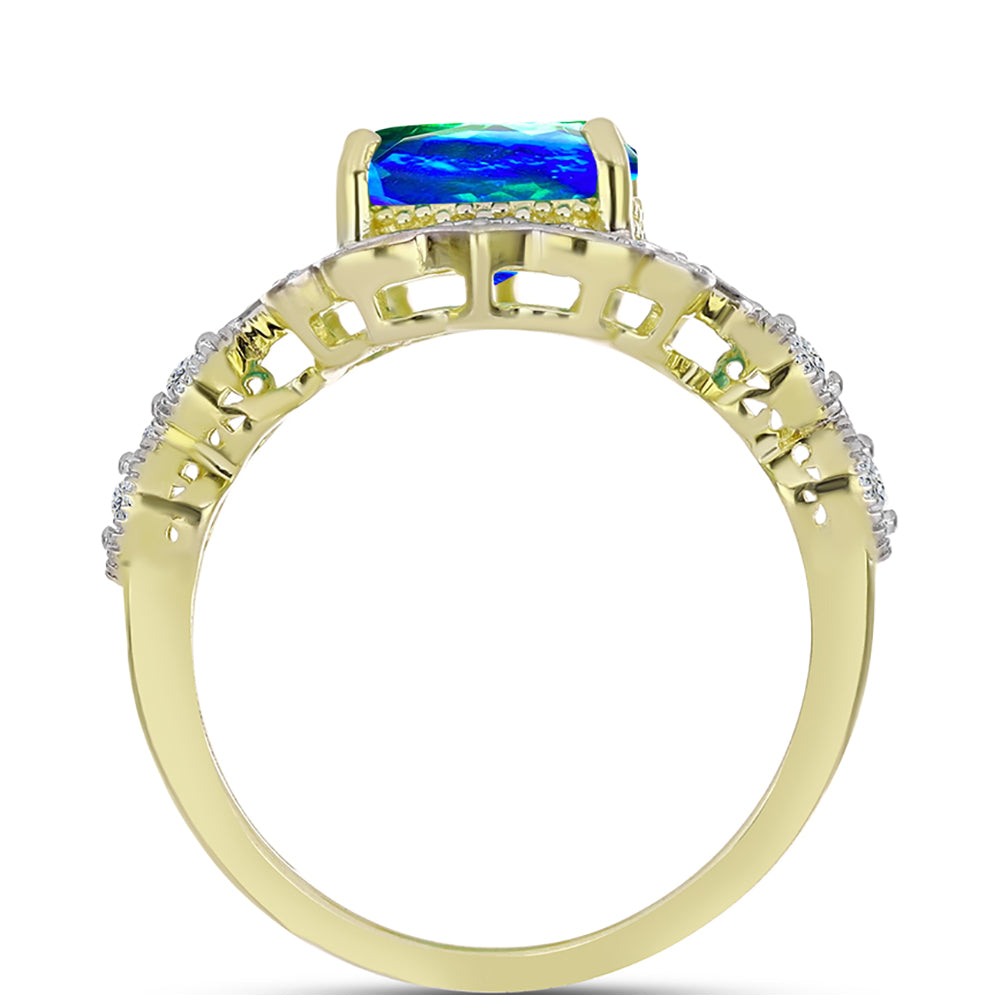 Anillo de Plata Bañada en Oro con Cuarzo Pavo Real y Topacio Blanco 3 