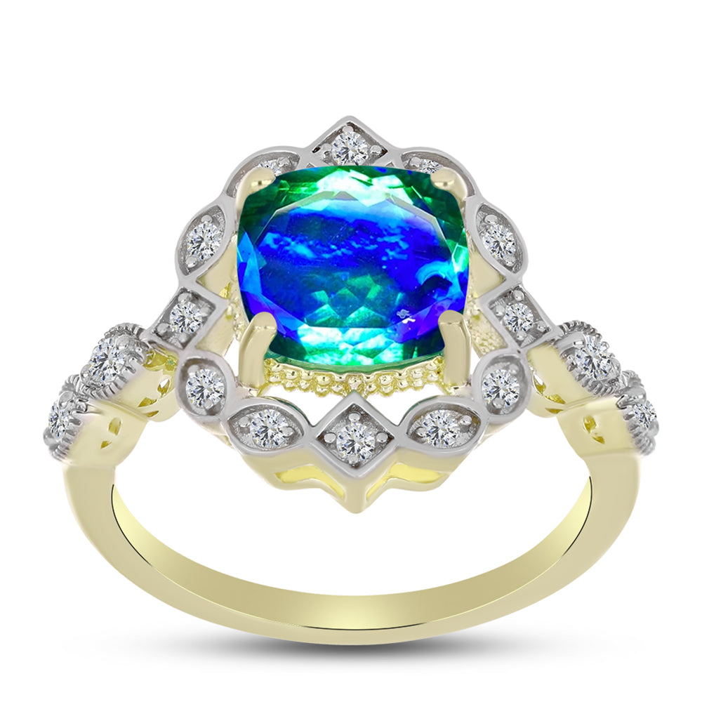 Anillo de Plata Bañada en Oro con Cuarzo Pavo Real y Topacio Blanco