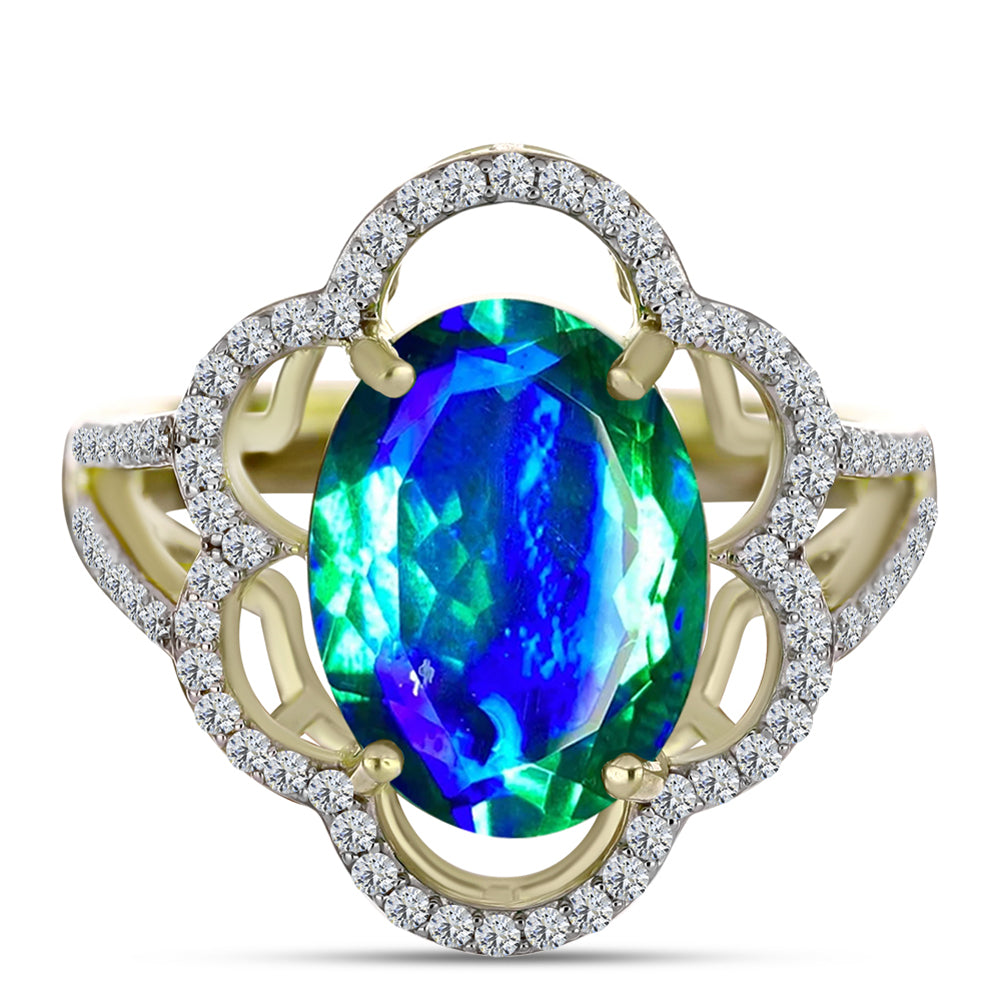 Anillo de Plata Bañada en Oro con Cuarzo Pavo Real y Topacio Blanco 1 