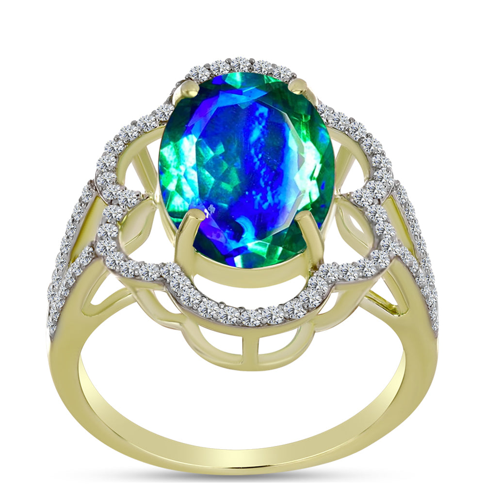 Anillo de Plata Bañada en Oro con Cuarzo Pavo Real y Topacio Blanco 3 