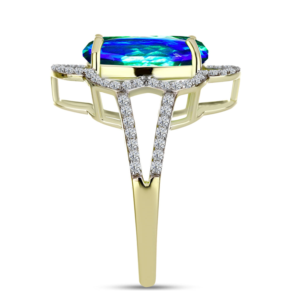 Anillo de Plata Bañada en Oro con Cuarzo Pavo Real y Topacio Blanco 4 