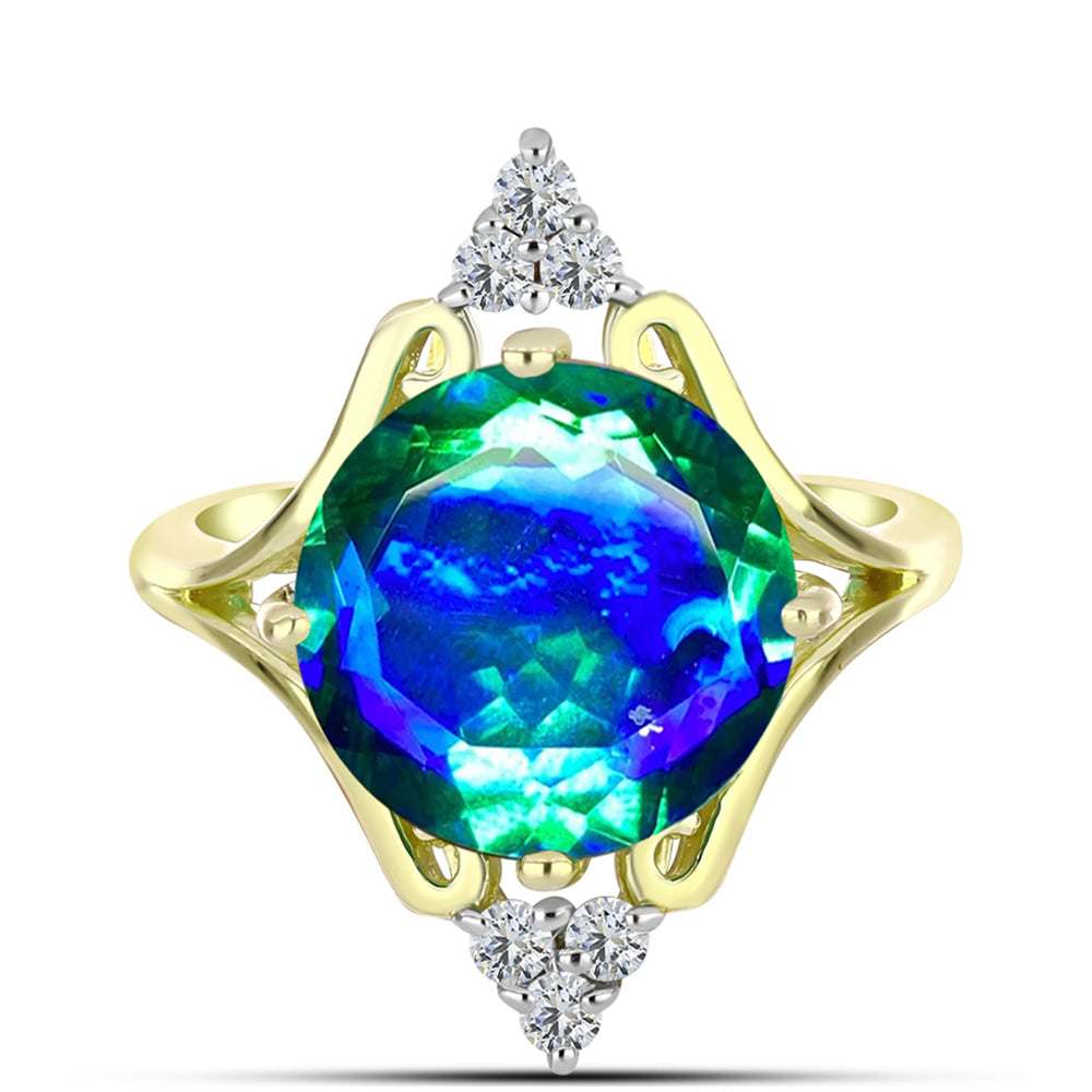 Anillo de Plata Bañada en Oro con Cuarzo Pavo Real y Topacio Blanco