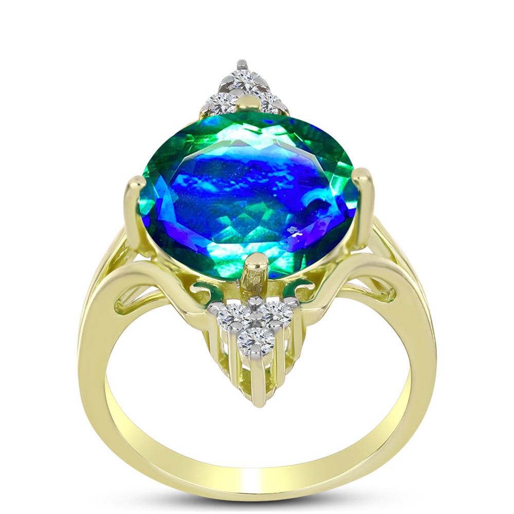 Anillo de Plata Bañada en Oro con Cuarzo Pavo Real y Topacio Blanco