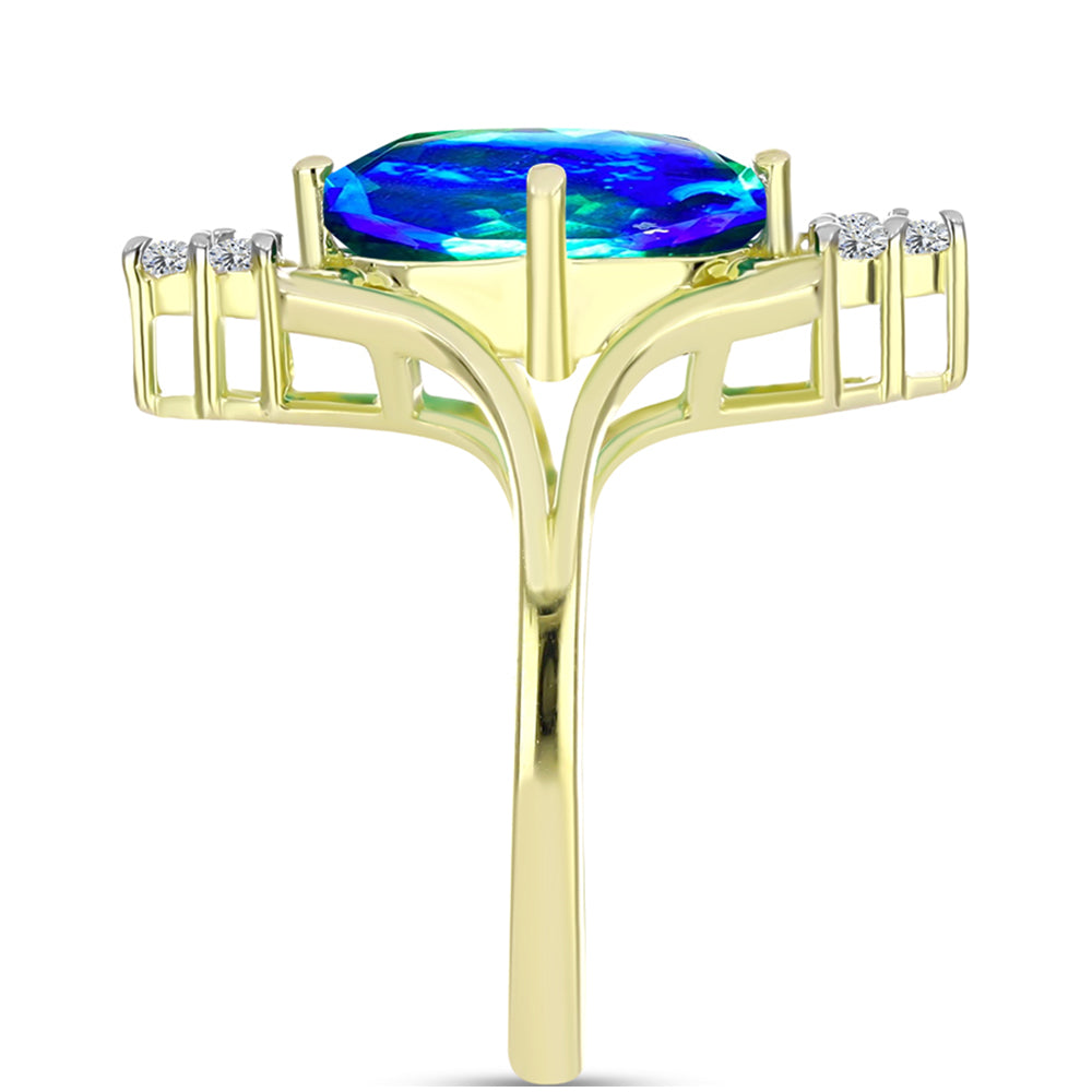Anillo de Plata Bañada en Oro con Cuarzo Pavo Real y Topacio Blanco