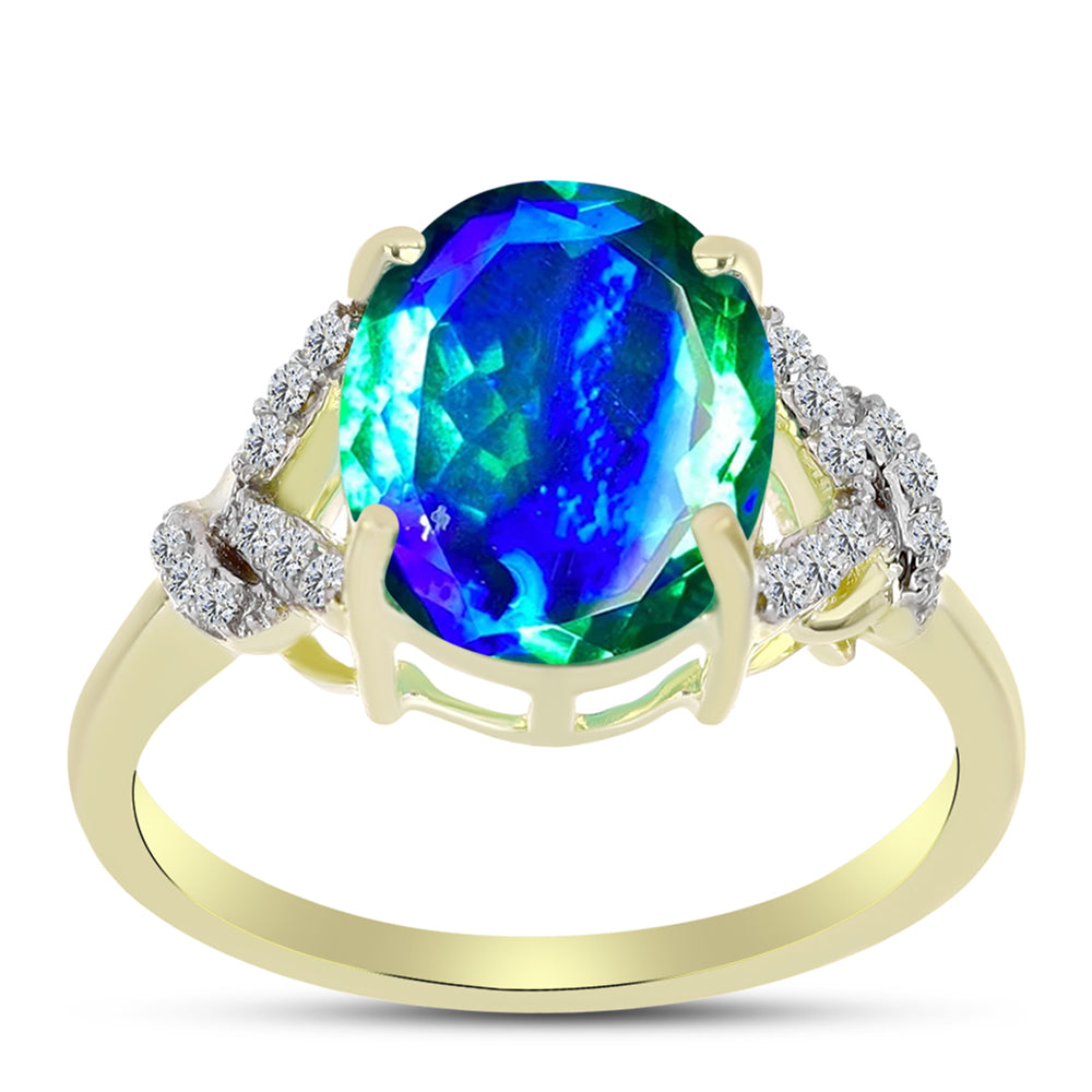 Anillo de Plata Bañada en Oro con Cuarzo Pavo Real y Topacio Blanco