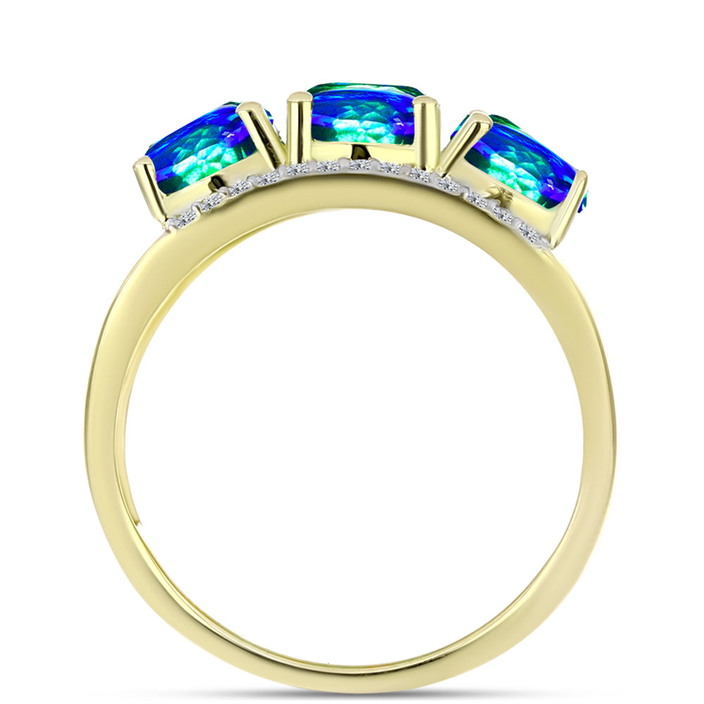 Anillo de Plata Bañada en Oro con Cuarzo Pavo Real y Topacio Blanco 2 