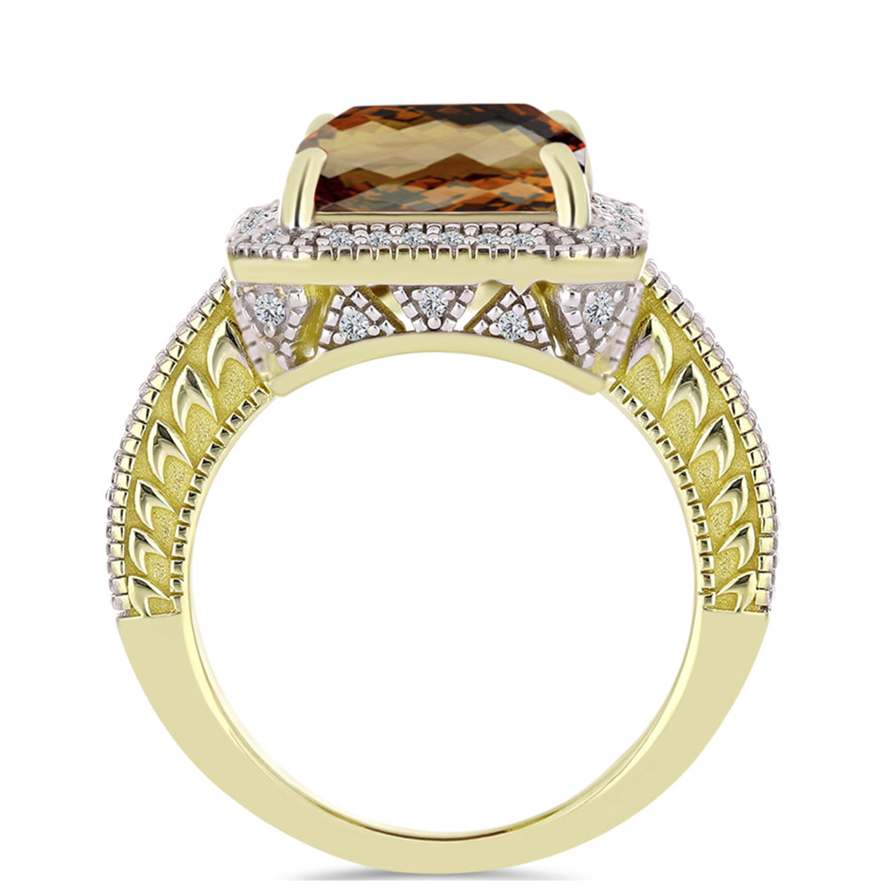 Anillo de Plata Bañada en Oro con Cuarzo Coñac y Topacio Blanco 2 