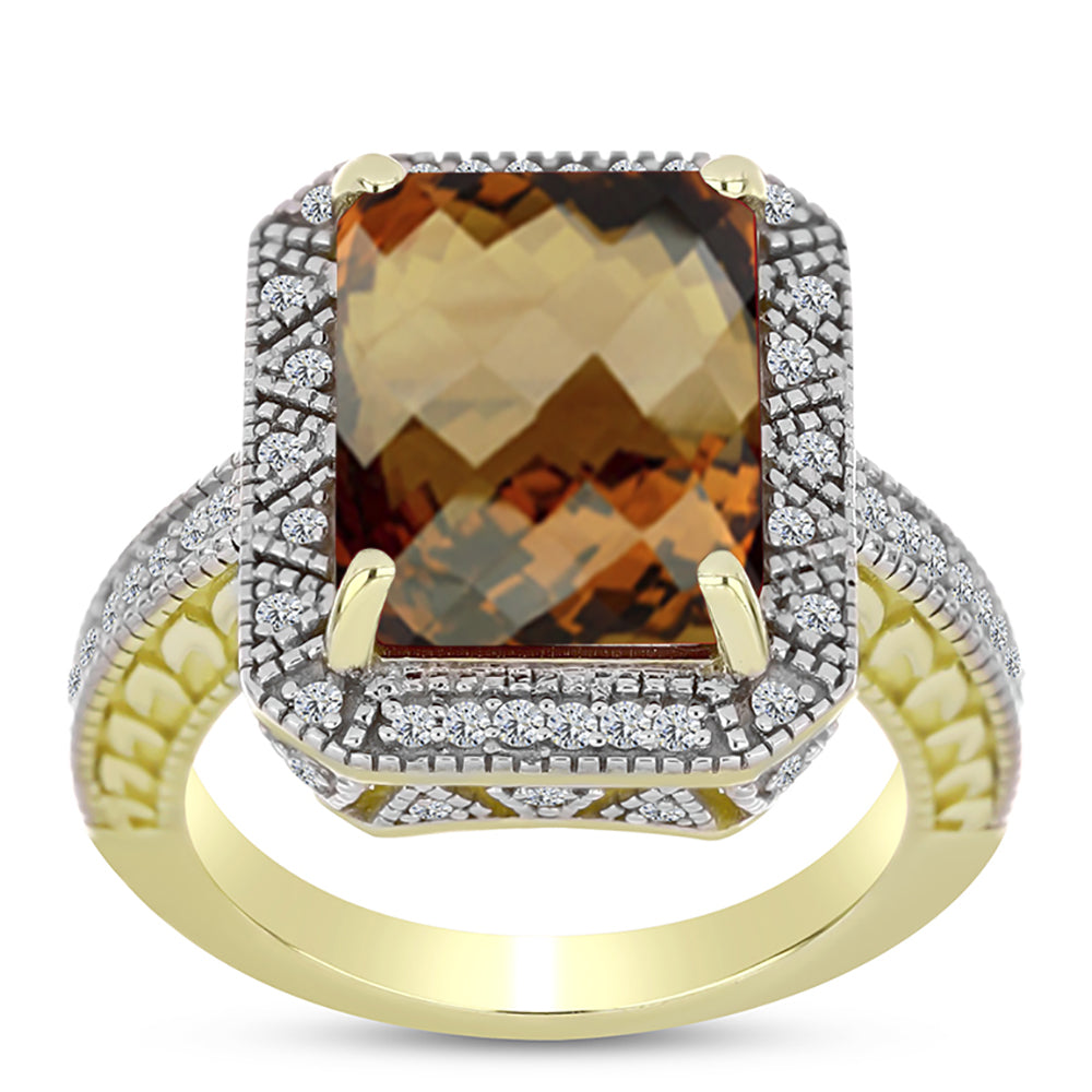 Anillo de Plata Bañada en Oro con Cuarzo Coñac y Topacio Blanco 3 