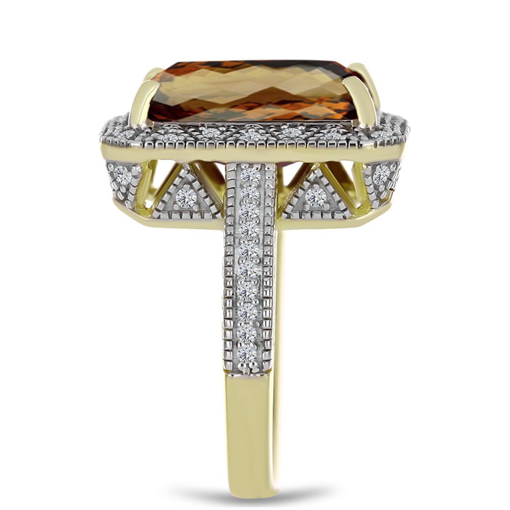 Anillo de Plata Bañada en Oro con Cuarzo Coñac y Topacio Blanco