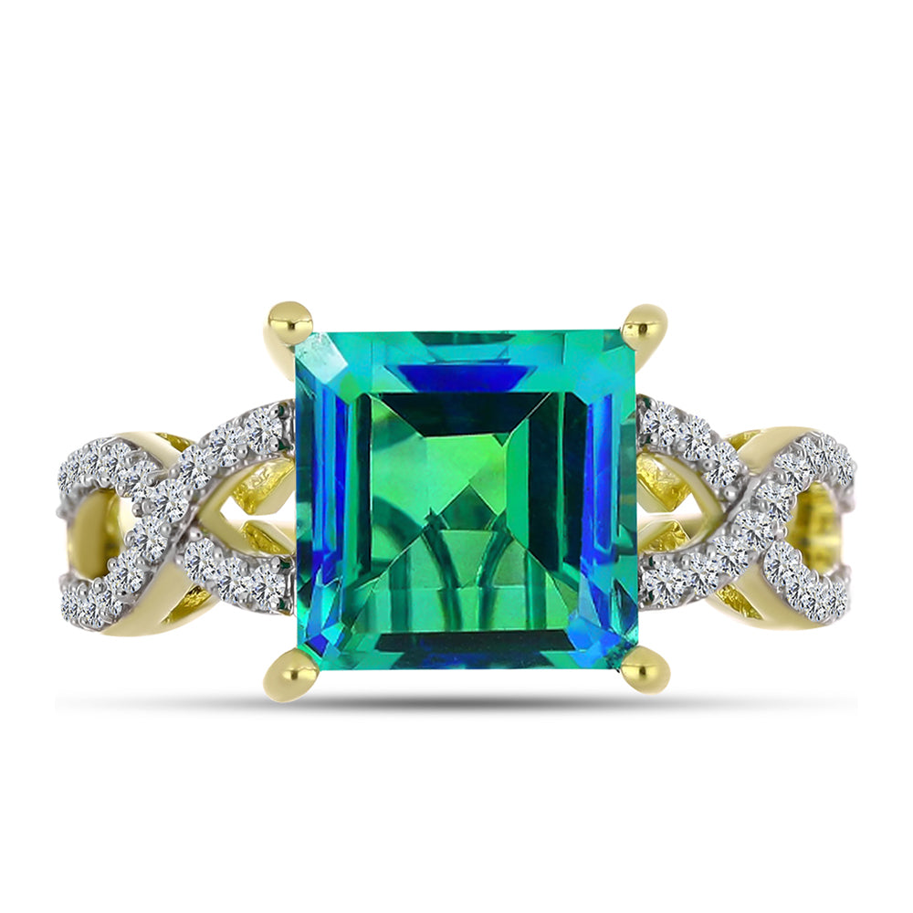 Anillo de Plata Bañada en Oro con Cuarzo Pavo Real y Topacio Blanco