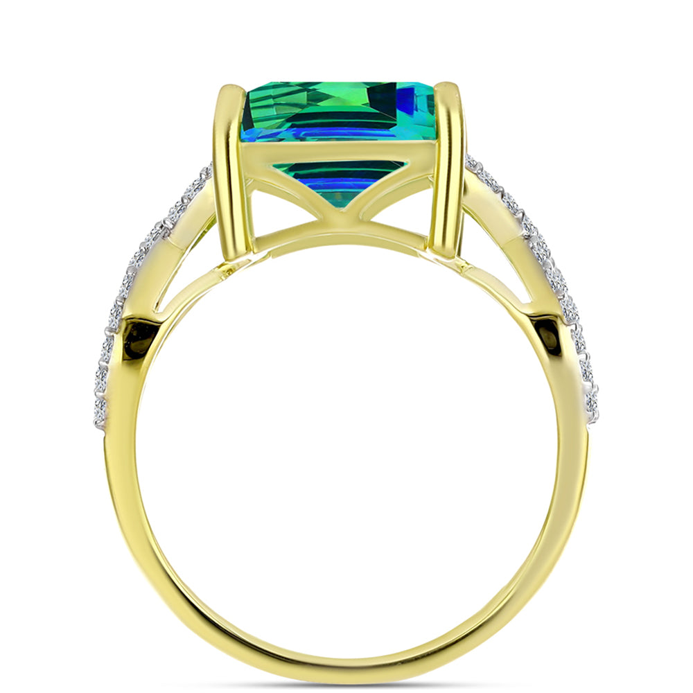 Anillo de Plata Bañada en Oro con Cuarzo Pavo Real y Topacio Blanco
