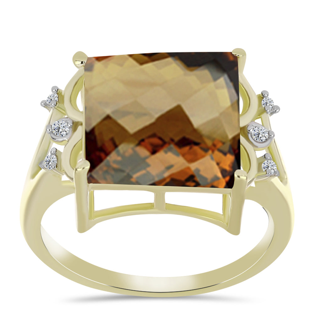 Anillo de Plata Bañada en Oro con Cuarzo Coñac y Topacio Blanco