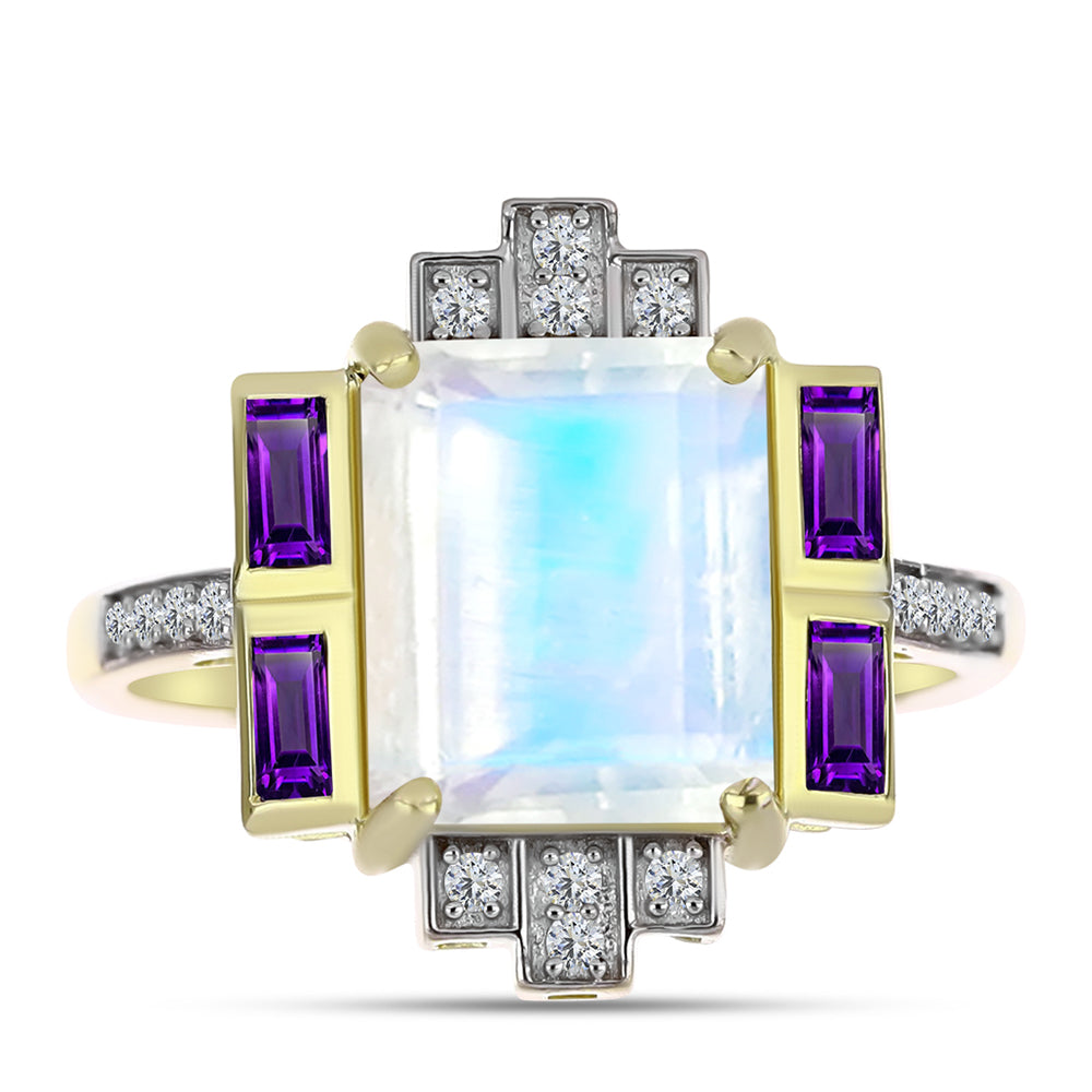 Anillo de Plata Bañada en Oro con Piedra Lunar Arco Iris y Amatista de Marruecos 1 