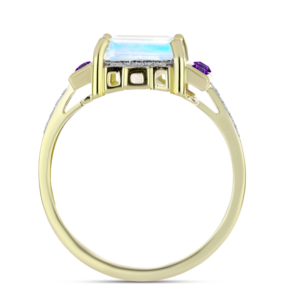Anillo de Plata Bañada en Oro con Piedra Lunar Arco Iris y Amatista de Marruecos 2 