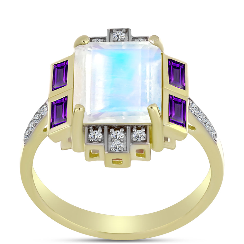 Anillo de Plata Bañada en Oro con Piedra Lunar Arco Iris y Amatista de Marruecos 3 
