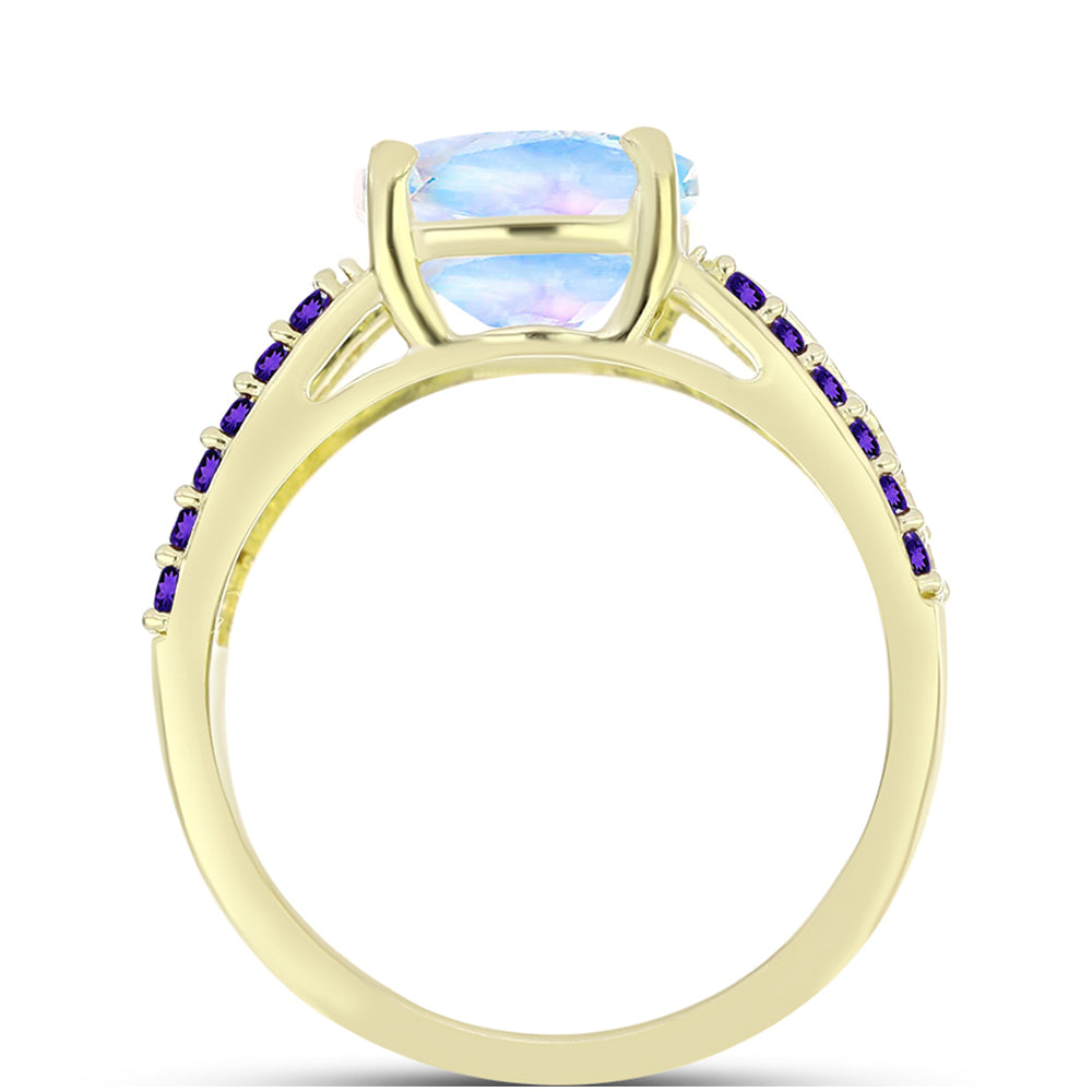 Anillo de Plata Bañada en Oro con Piedra Lunar Arco Iris y Amatista de Marruecos