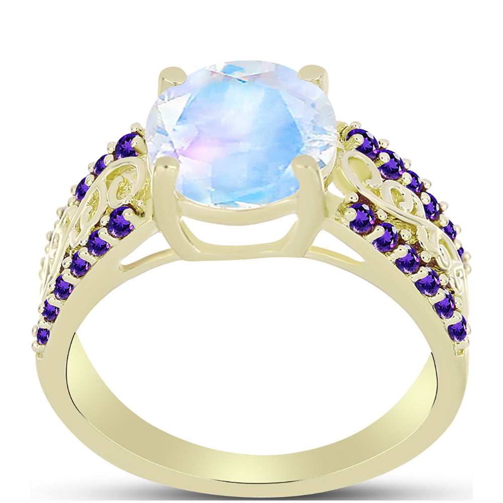 Anillo de Plata Bañada en Oro con Piedra Lunar Arco Iris y Amatista de Marruecos