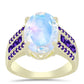 Anillo de Plata Bañada en Oro con Piedra Lunar Arco Iris y Amatista de Marruecos