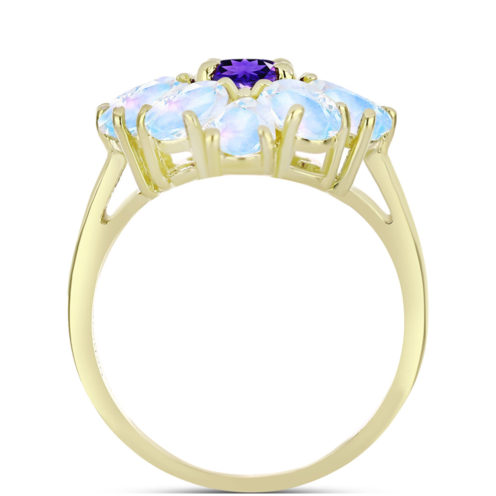 Anillo de Plata Bañada en Oro con Piedra Lunar Arco Iris y Amatista de Marruecos 2 