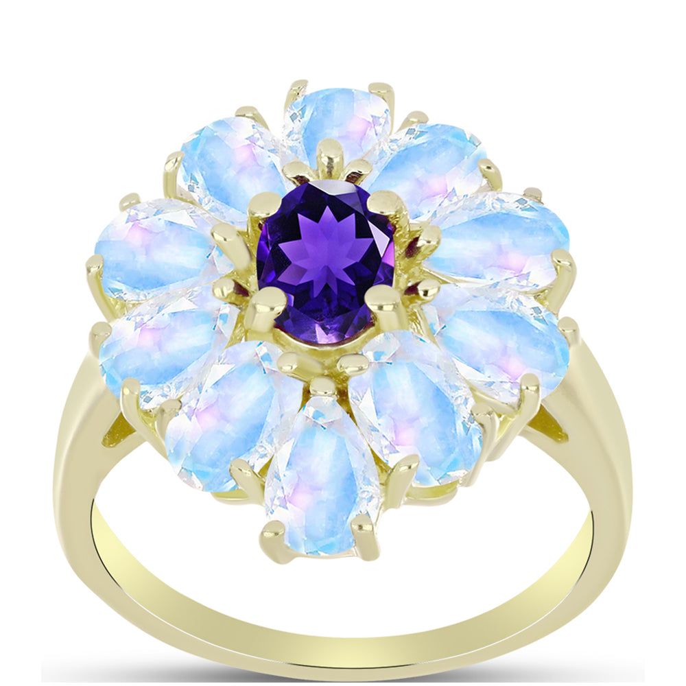 Anillo de Plata Bañada en Oro con Piedra Lunar Arco Iris y Amatista de Marruecos