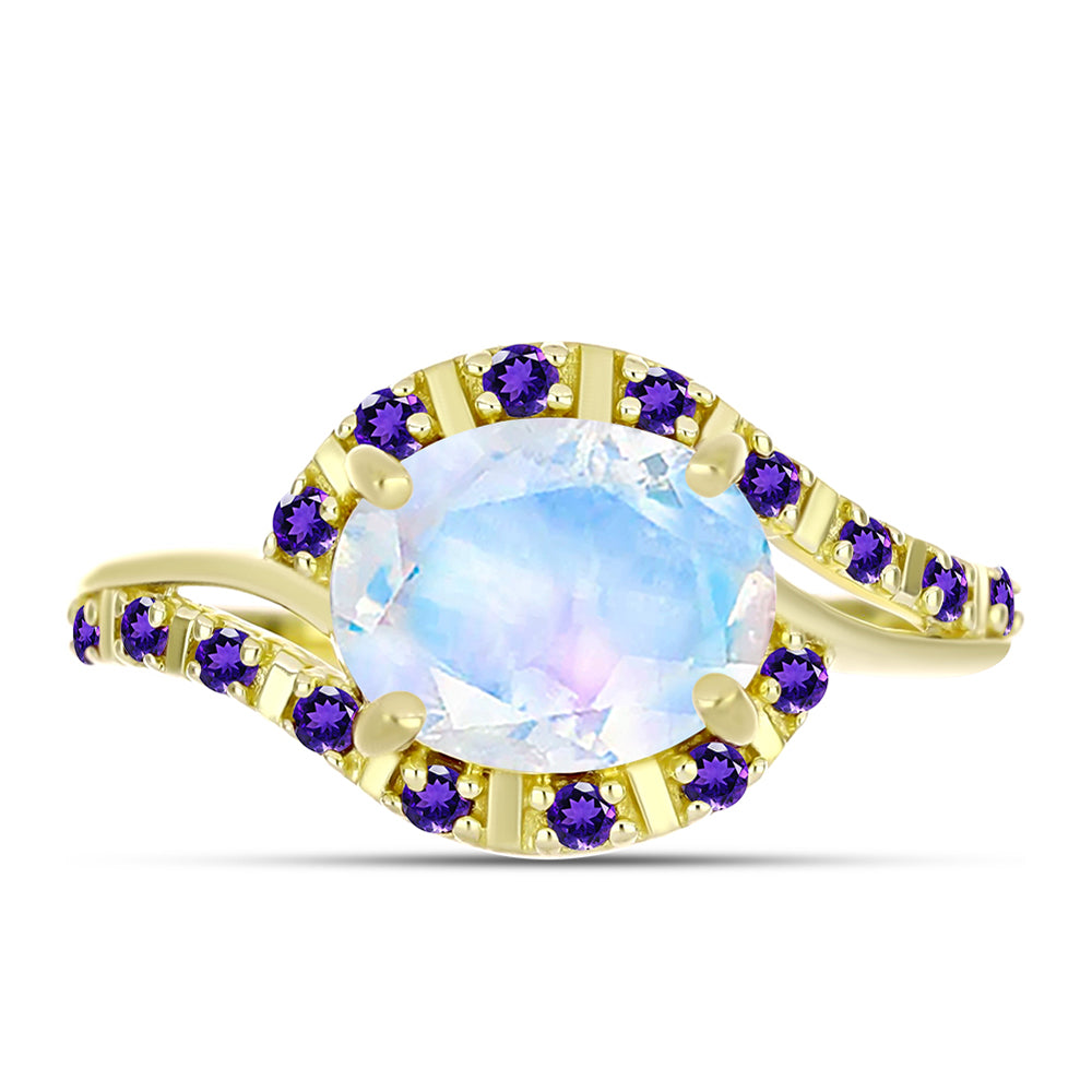 Anillo de Plata Bañada en Oro con Piedra Lunar Arco Iris y Amatista de Marruecos 1 