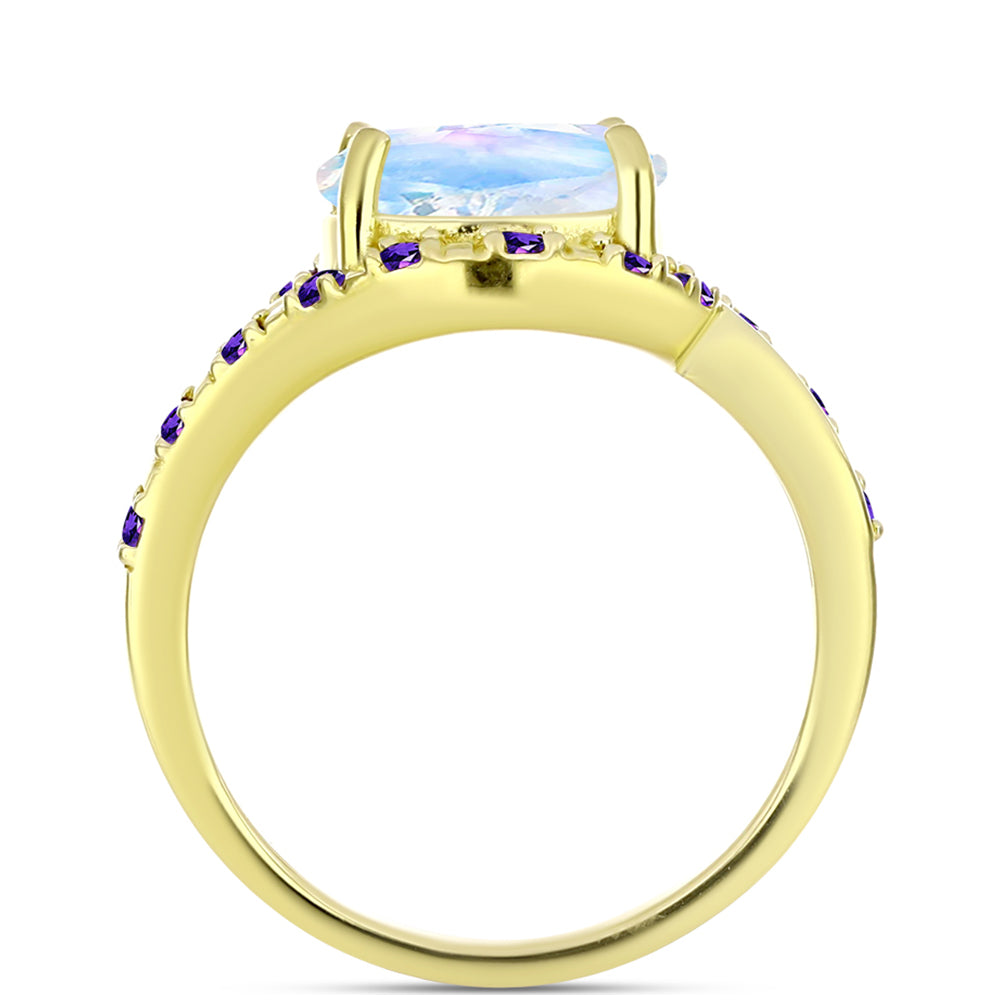 Anillo de Plata Bañada en Oro con Piedra Lunar Arco Iris y Amatista de Marruecos