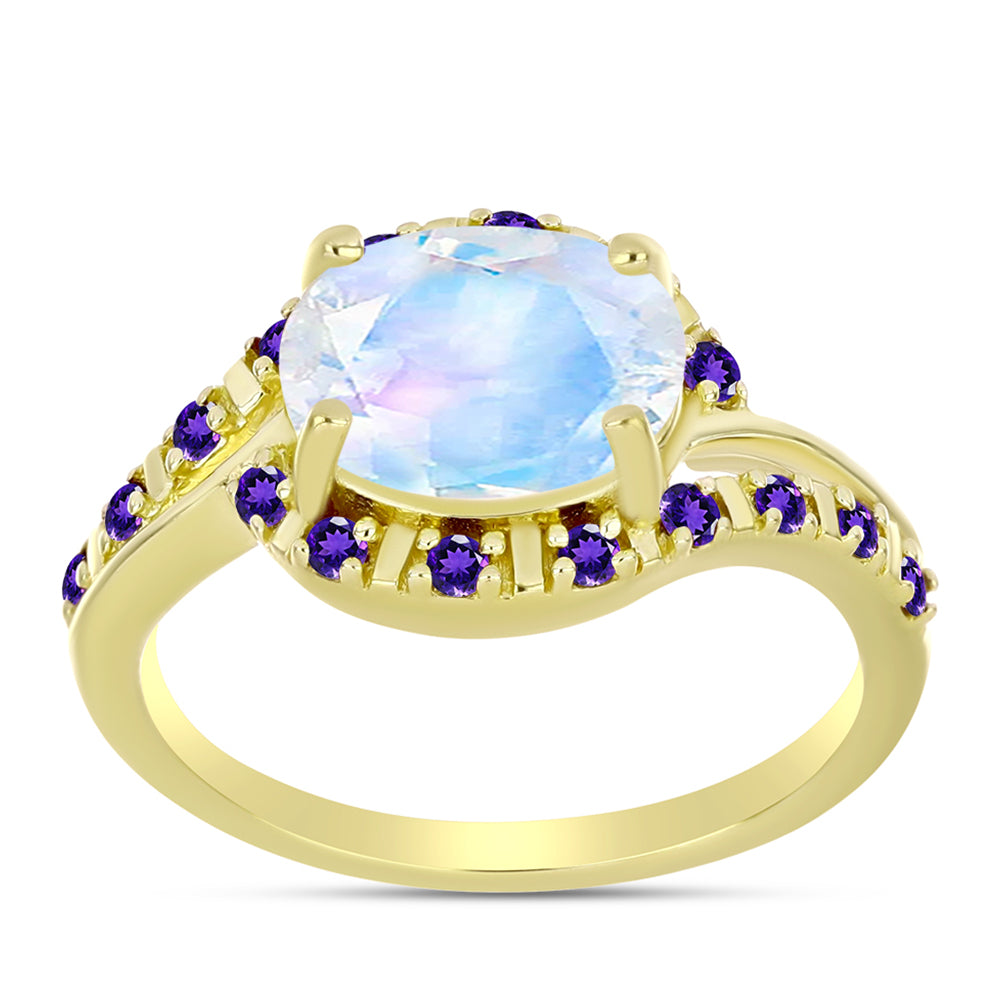 Anillo de Plata Bañada en Oro con Piedra Lunar Arco Iris y Amatista de Marruecos 3 