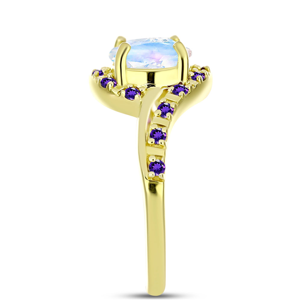 Anillo de Plata Bañada en Oro con Piedra Lunar Arco Iris y Amatista de Marruecos