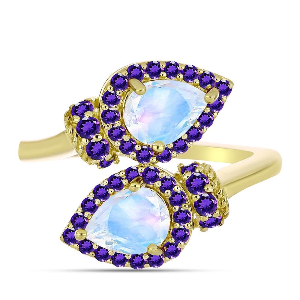Anillo de Plata Bañada en Oro con Piedra Lunar Arco Iris y Amatista de Marruecos