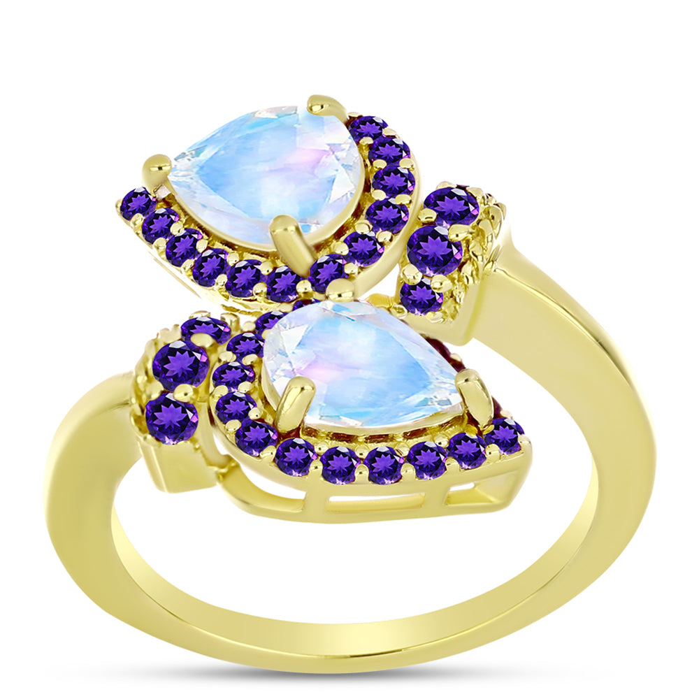Anillo de Plata Bañada en Oro con Piedra Lunar Arco Iris y Amatista de Marruecos