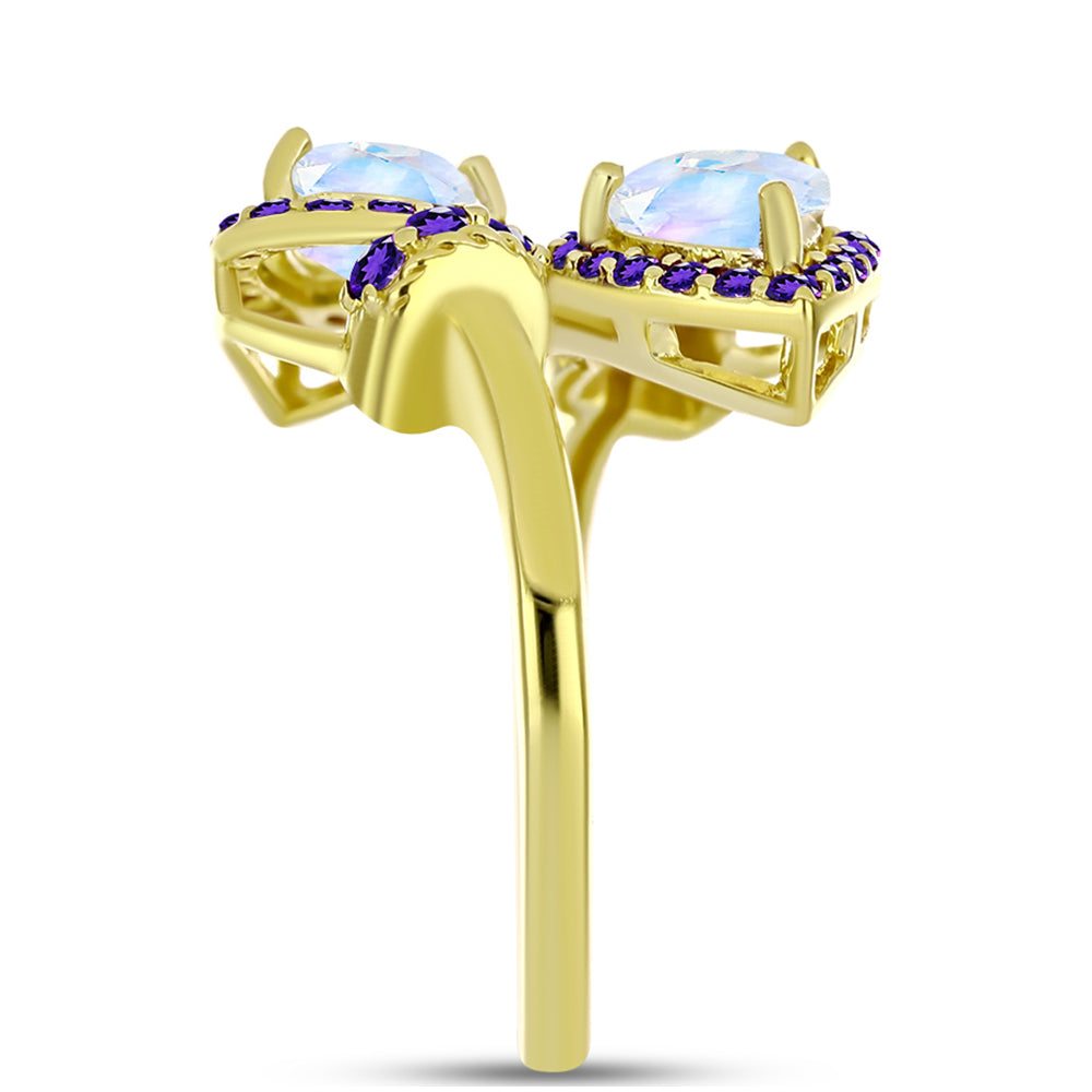 Anillo de Plata Bañada en Oro con Piedra Lunar Arco Iris y Amatista de Marruecos