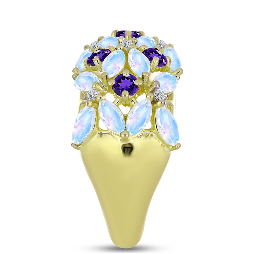 Anillo de Plata Bañada en Oro con Piedra Lunar Arco Iris y Amatista de Marruecos 4 