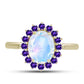 Anillo de Plata Bañada en Oro con Piedra Lunar Arco Iris y Amatista de Marruecos