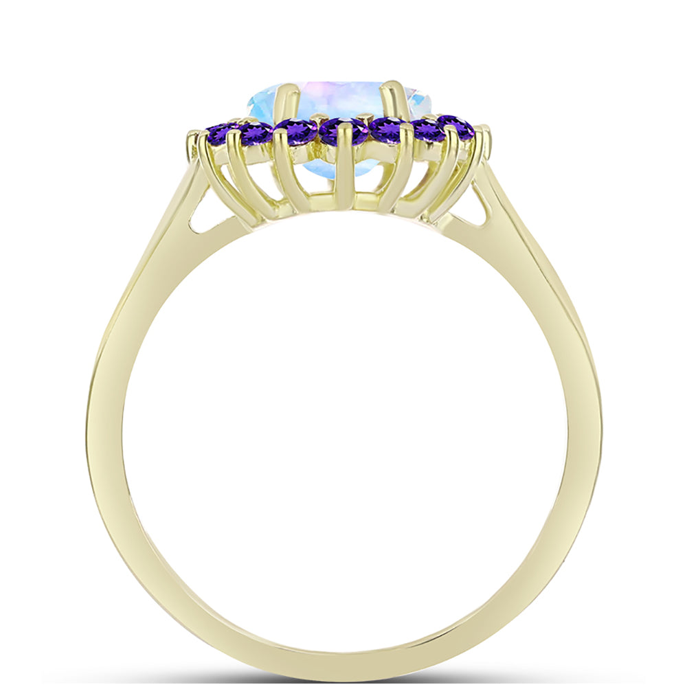 Anillo de Plata Bañada en Oro con Piedra Lunar Arco Iris y Amatista de Marruecos