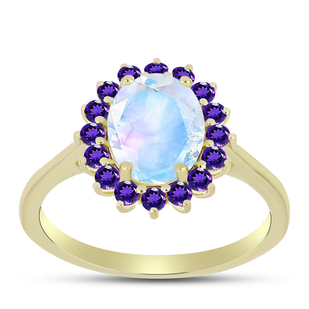 Anillo de Plata Bañada en Oro con Piedra Lunar Arco Iris y Amatista de Marruecos