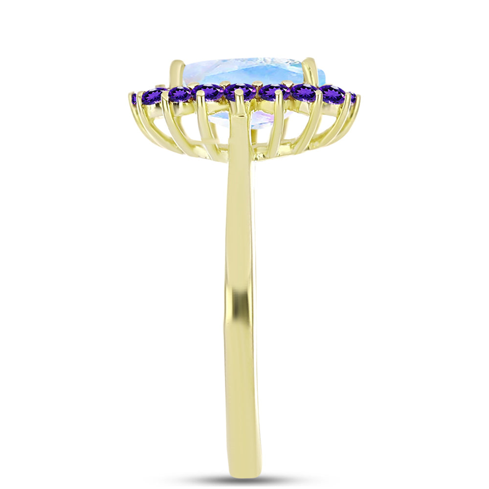 Anillo de Plata Bañada en Oro con Piedra Lunar Arco Iris y Amatista de Marruecos