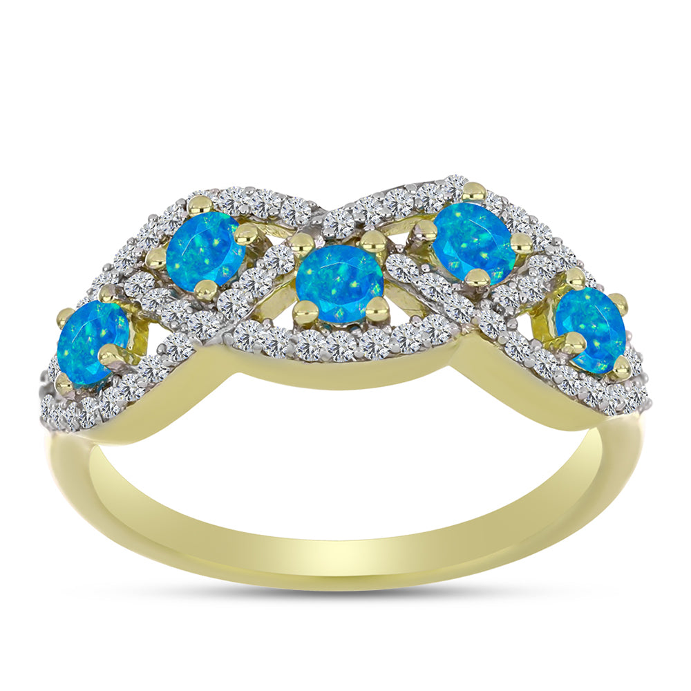 Anillo de Plata Bañada en Oro con Ópalo Azul Paraiba de Etiopía y Topacio Blanco 3 