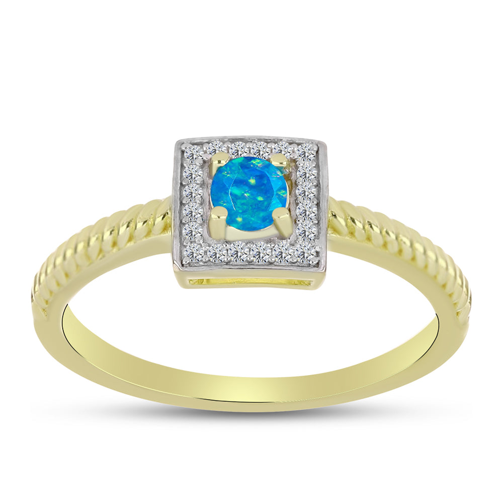 Anillo de Plata Bañada en Oro con Ópalo Azul Paraiba de Etiopía y Topacio Blanco 3 