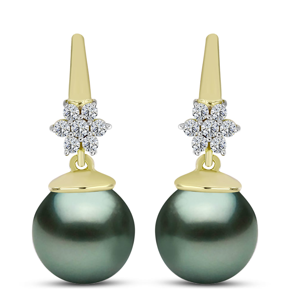 Pendientes de Plata Bañada en Oro con Perla de río Tahiti verde ilusión y Topacio Blanco
