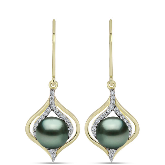 Pendientes de Plata Bañada en Oro con Perla de río Tahiti verde ilusión y Topacio Blanco