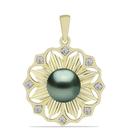 Colgante de Plata Bañada en Oro con Perla de río Tahiti verde ilusión y Topacio Blanco